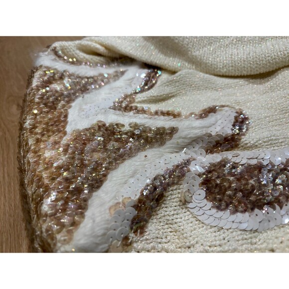 VINTAGE Lillie Rubin Sequin Sweater Ivory Gold White 80s Dolman Knit Size S - Picture 2 of 10